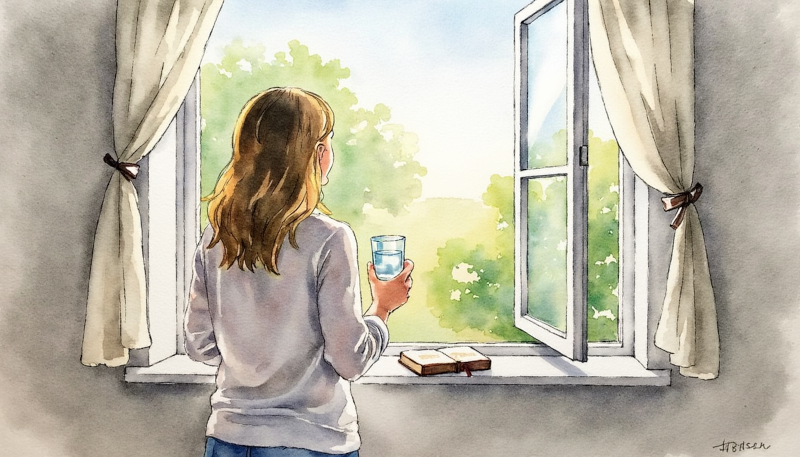 Buchinger Fasten: Frau am Fenster mit Glas Wasser