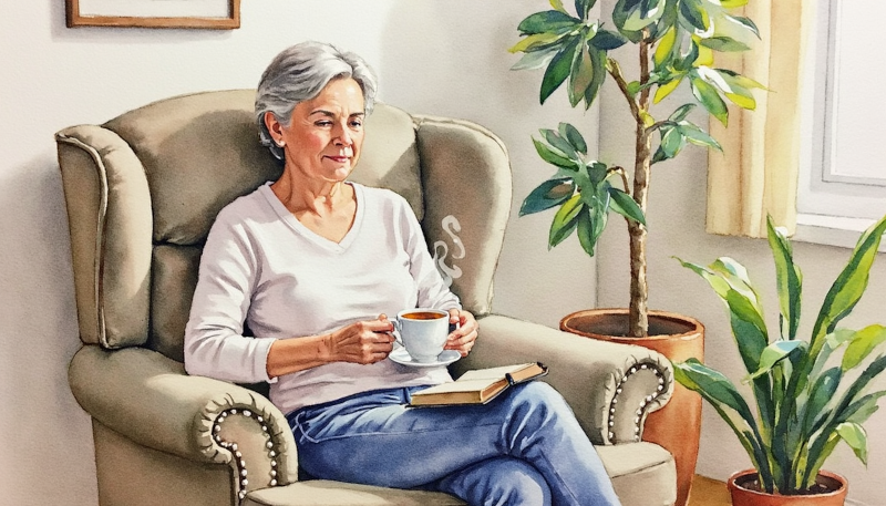 Frau im Sessel mit Fastentee und Bibel