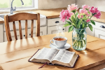 Küchentisch mit Bibel Tee Blumen