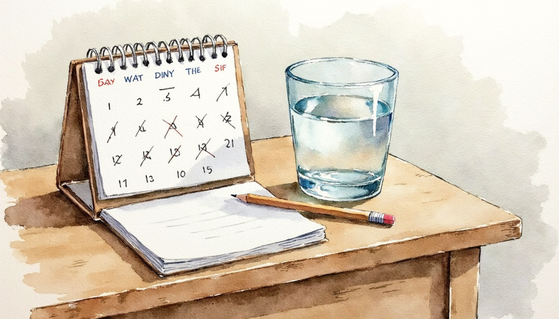 Fastenanleitung Tisch mit Kalender und Glas Wasser