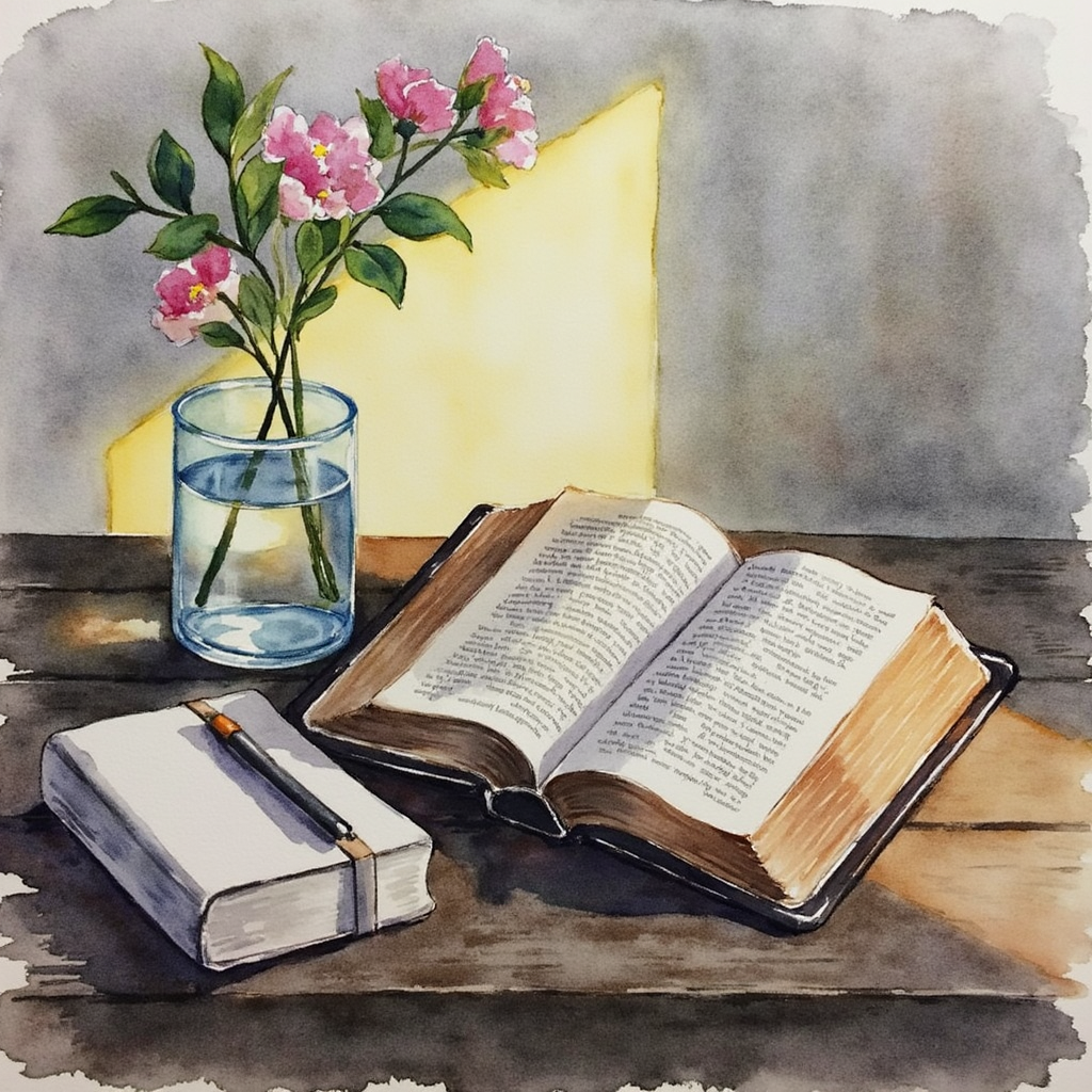 Fasten.Beten.Wachsen Tisch mit Bibel und Blumen